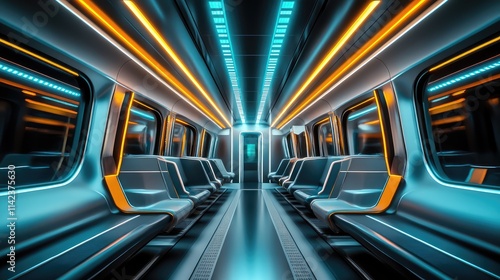 A futuristic high-speed train interior with glowing LED strips, wide aisles, and a sleek, metallic color scheme