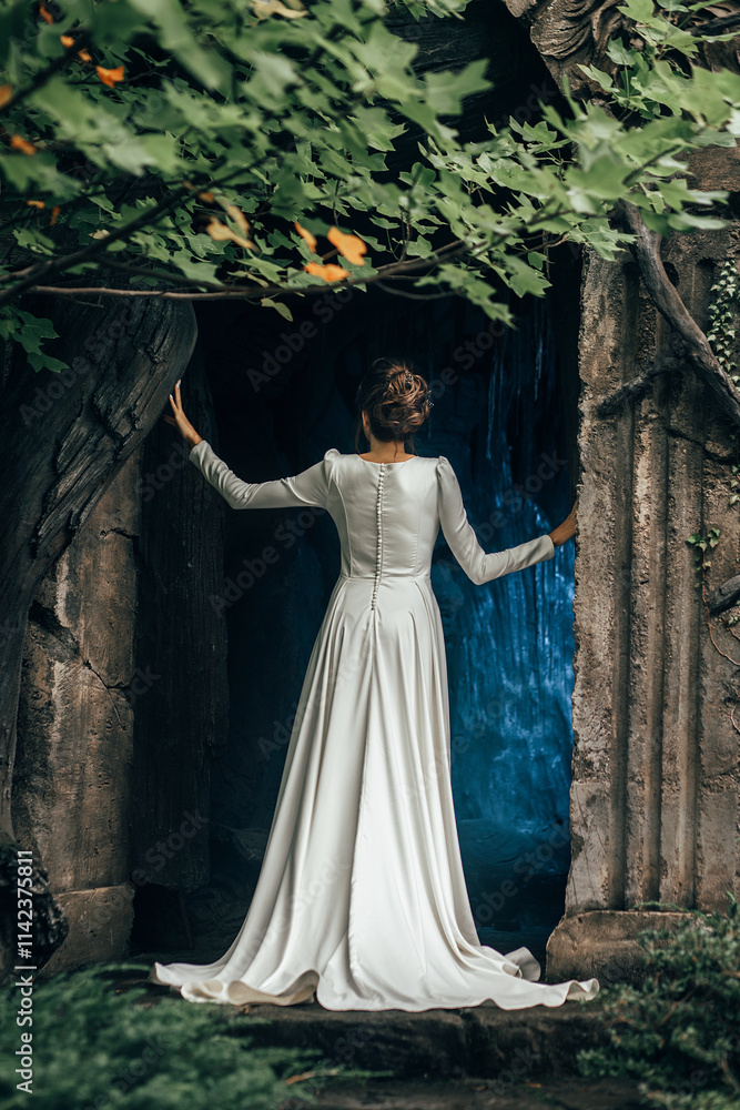 The bride is in a forest setting, in front of the entrance to a cave or arch, surrounded by trees and foliage. The dress has long sleeves and a row of buttons on the back. The bride is in a forest setting, in front of the entrance to a cave or arch, surrounded by trees and foliage. The dress has long sleeves and a row of buttons on the back.