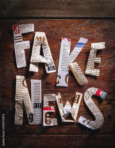 Newspaper letters that spell out fake news on a wooden table photo