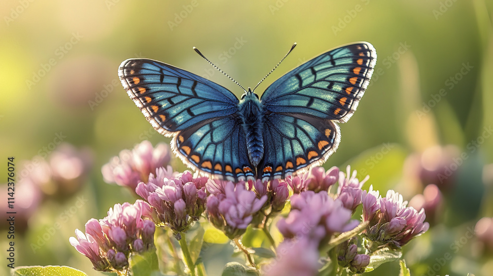 Naklejka premium vibrant butterfly with blue and green wings resting on flowers