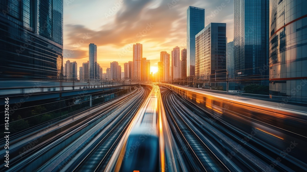 A futuristic high-speed train on elevated tracks, cutting through a modern urban skyline at sunrise A futuristic high-speed train on elevated tracks, cutting through a modern urban skyline at sunrise