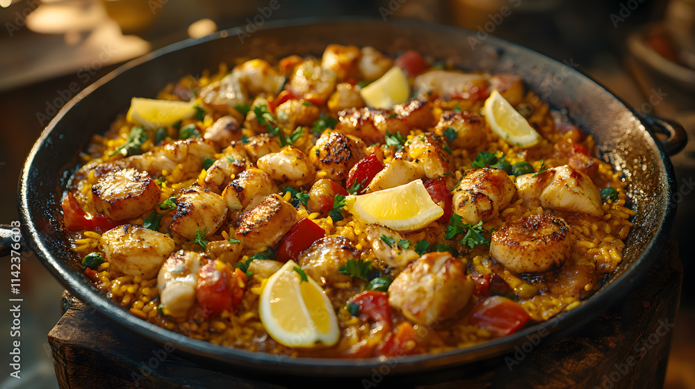 A Delicious and Colorful Presentation of Paella with Fresh Seafood and Chicken in a Traditional Setting A Delicious and Colorful Presentation of Paella with Fresh Seafood and Chicken in a Traditional Setting