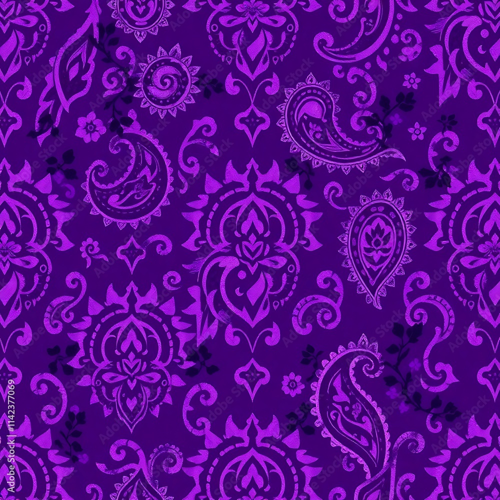 Fototapeta premium Purple Paisley Pattern: A seamless, intricate paisley pattern in vibrant purple hues, featuring delicate floral motifs and swirls, creating a captivating and elegant design. Perfect for textiles.