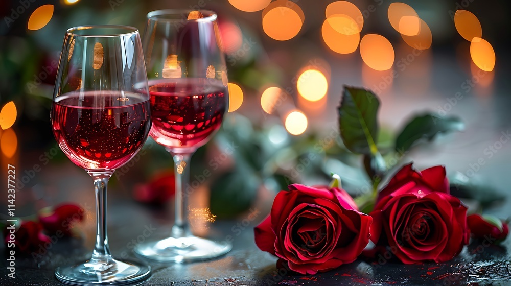 A pair of matching heart-shaped wine glasses filled with red wine, placed on a white table with a single red rose beside them. A pair of matching heart-shaped wine glasses filled with red wine, placed on a white table with a single red rose beside them.