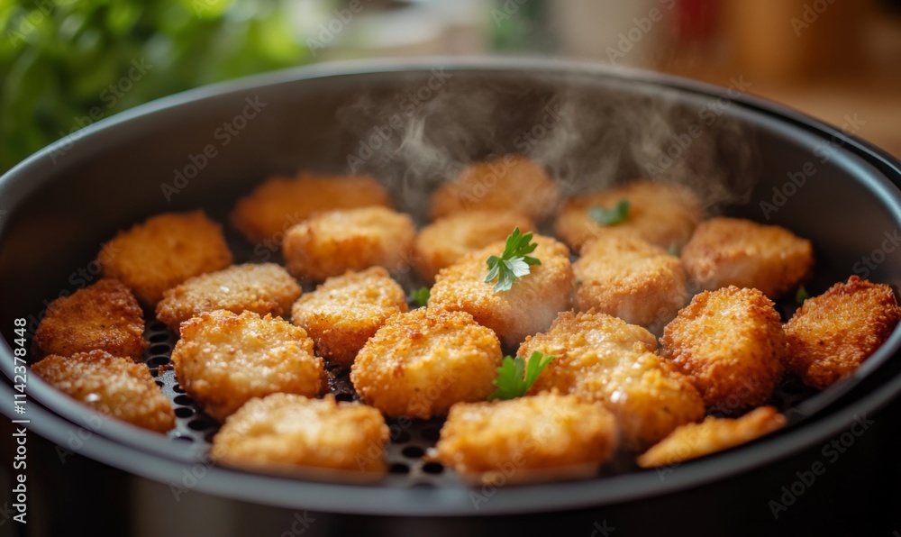 Sleek black air fryer cooking crispy chicken nuggets on kitchen counter, air fryer, black, sleek, cooking Sleek black air fryer cooking crispy chicken nuggets on kitchen counter, air fryer, black, sleek, cooking