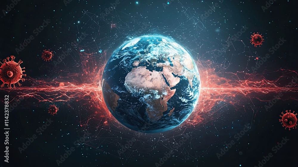 Fototapeta premium A digital illustration of Earth surrounded by glowing particles and virus representations, highlighting global health challenges.