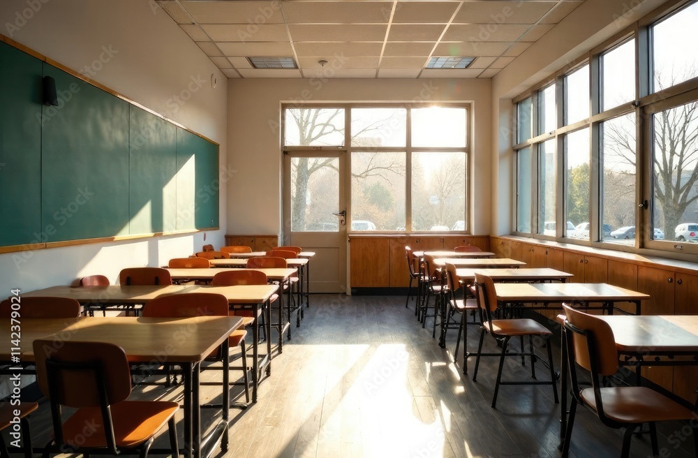 school desks and board and light from the window school desks and board and light from the window
