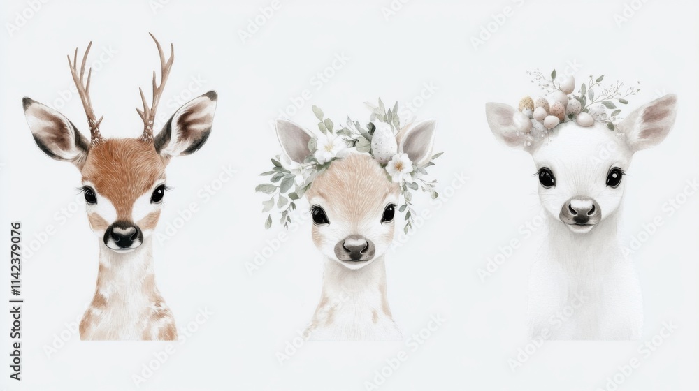 Three adorable deer portraits with floral crowns, showcasing charm and beauty Three adorable deer portraits with floral crowns, showcasing charm and beauty