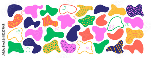 Set of liquid organic shapes, irregular form in vibrant colors. Colorful simple freeform, asymmetric blob. Random deformed abstract figures. Wavy spots or fluid amorphous splodges. Modern uneven blots
