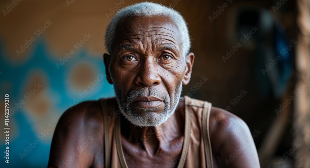 African elderly man serious wearing brown tank top looking on camera