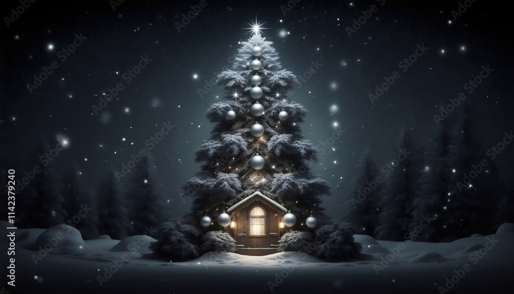Obraz premium A majestic and sparkling Christmas tree stands tall in a snowy forest, its branches white dusted, silver glitter balls and star topper, snowflake falls, frosty forest night and snow on background