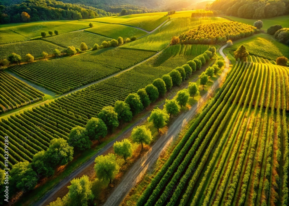 Fototapeta premium Aerial Drone Photography: Lush Green Vine Landscapes, Climbing Vines, Vineyard Drone Shots, Vine Trellis, Aerial View Wisteria, Grapevine Drone Images, Overhead Vine Photography