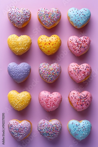 Flat lay of colorful donuts with sprinkles in a heart shape on a pastel pink background. Cute, background, Valentine concept.
