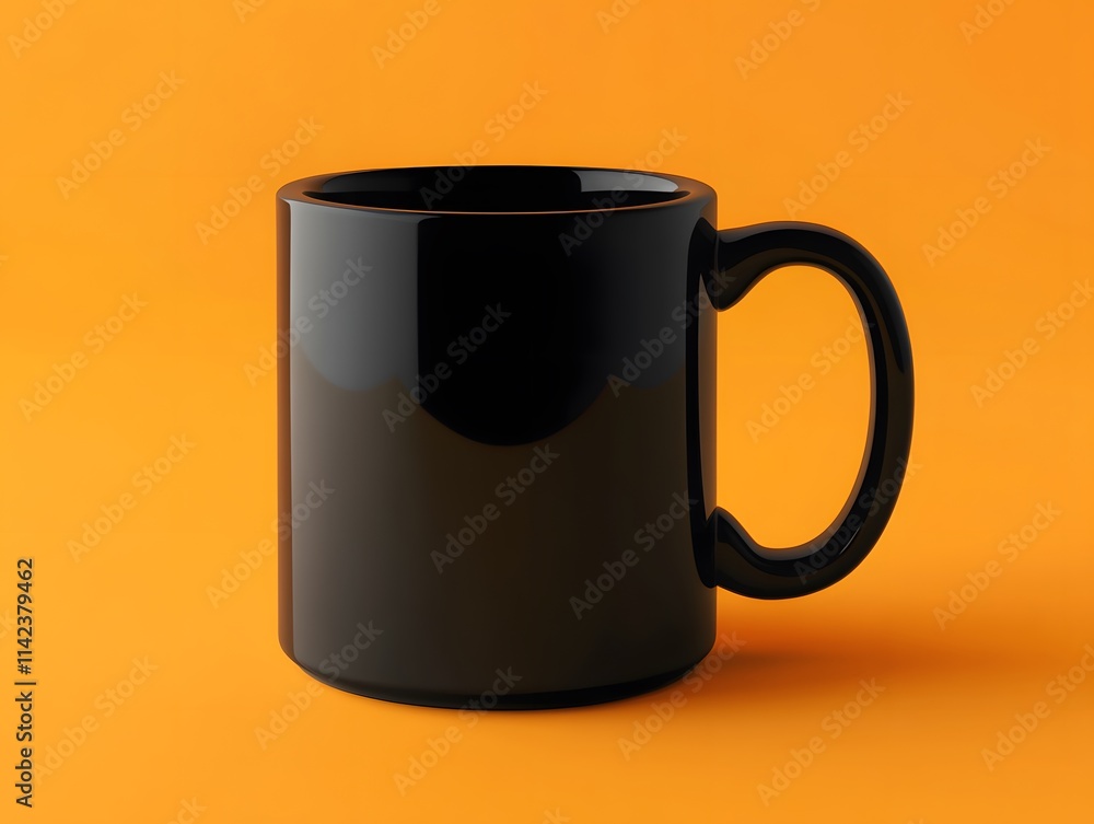A black ceramic mug with minimalist elegant design placed on orange background A black ceramic mug with minimalist elegant design placed on orange background