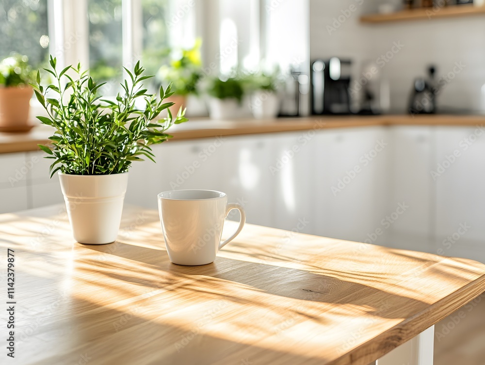 A white ceramic mug on a wooden table and small house plant next to it, in the kitchen with minimalist design A white ceramic mug on a wooden table and small house plant next to it, in the kitchen with minimalist design