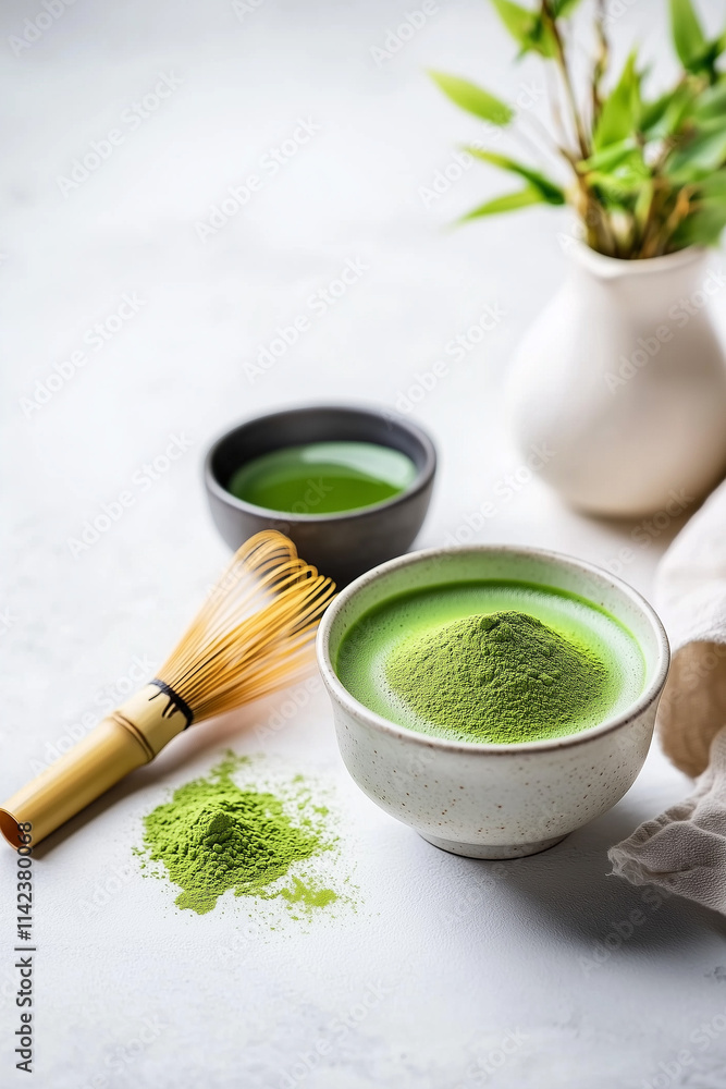 Green Matcha Powder with Bamboo Whisk and Spoon, Steaming Cup of Freshly Whipped Matcha Tea Green Matcha Powder with Bamboo Whisk and Spoon, Steaming Cup of Freshly Whipped Matcha Tea