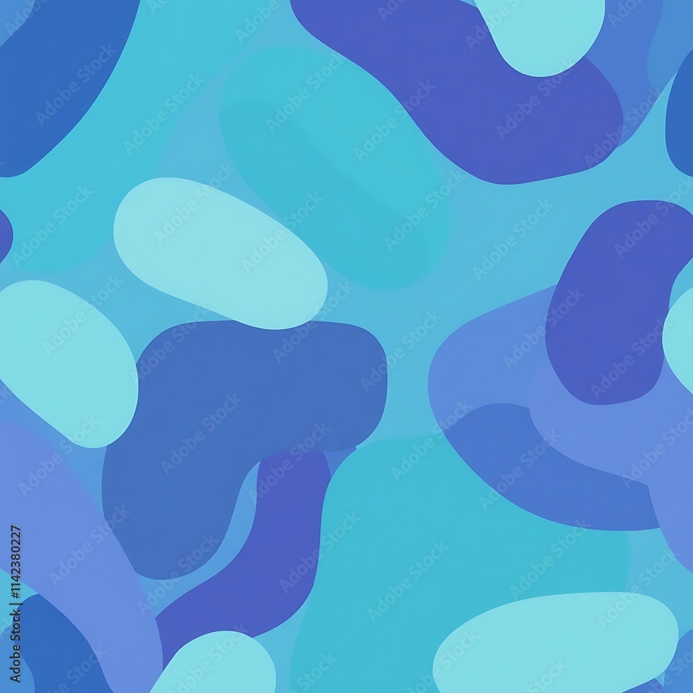 Abstract Blue Camo Pattern: A seamless, abstract pattern in shades of blue, reminiscent of camouflage, perfect for contemporary design, branding, and textile applications.  