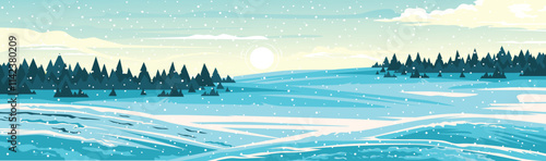 forest scene in winter with snow covered hills and trees