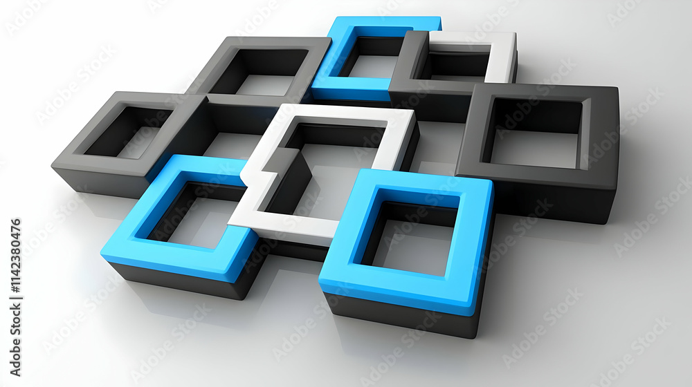 Fototapeta premium Abstract 3D Illustration Black White Blue Cubes Interlocking