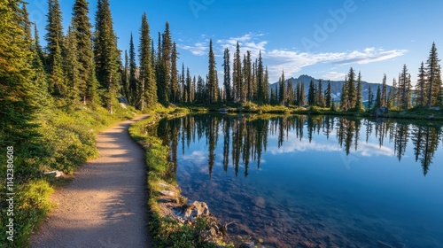 Serene Nature Pathway by Calm Lake Surrounded by Pine Trees