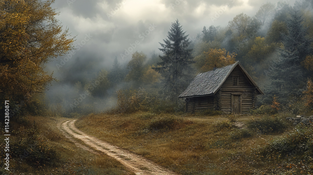 secluded wooden house deep in forest along dirt path, surrounded by misty trees secluded wooden house deep in forest along dirt path, surrounded by misty trees