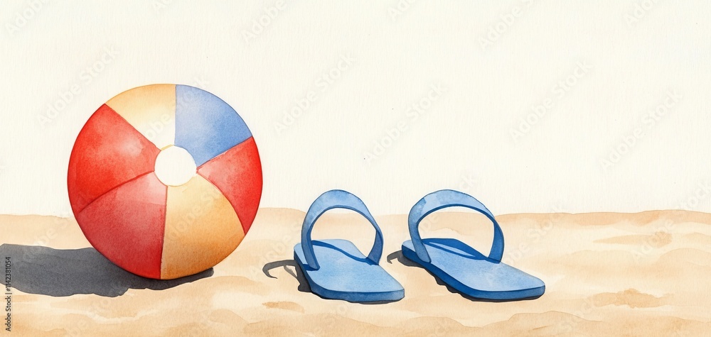 A vibrant beach scene featuring a colorful beach ball and blue sandals resting on soft sand, evoking summer fun and relaxation. A vibrant beach scene featuring a colorful beach ball and blue sandals resting on soft sand, evoking summer fun and relaxation.