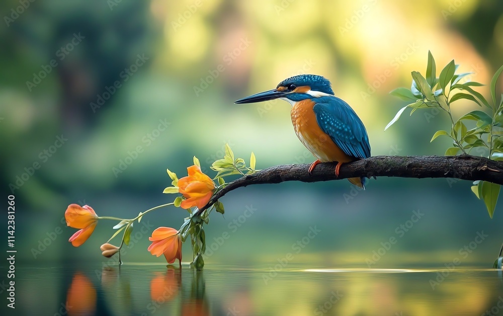 Obraz premium A beautiful kingfisher perched on a branch above a serene pond, its vivid colors reflected in the water, surrounded by lush vegetation and peaceful scenery
