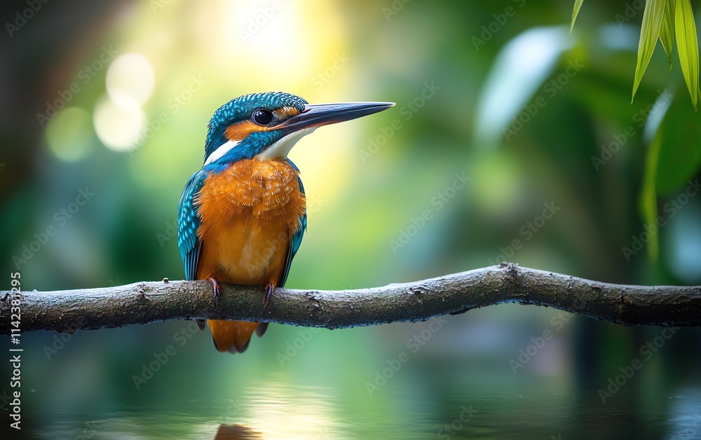 A beautiful kingfisher perched on a branch above a serene pond, its vivid colors reflected in the water, surrounded by lush vegetation and peaceful scenery A beautiful kingfisher perched on a branch above a serene pond, its vivid colors reflected in the water, surrounded by lush vegetation and peaceful scenery