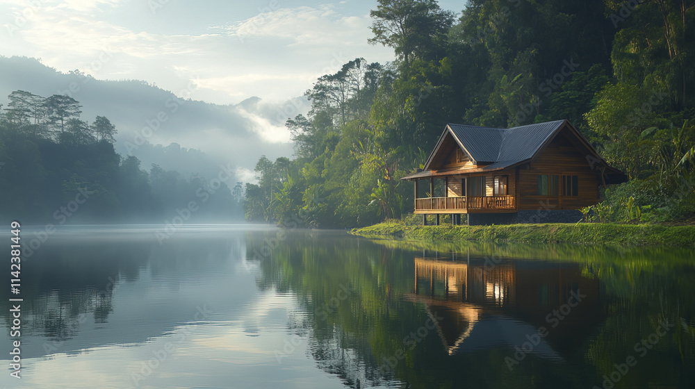 rustic wooden house by serene riverbank surrounded by lush greenery rustic wooden house by serene riverbank surrounded by lush greenery