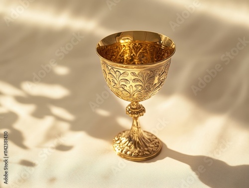 Close-up of a gold goblet with ornate carvings photo