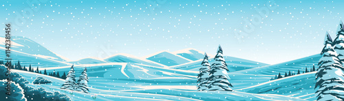 vector design winter landscape with snow-covered mountains and pine trees