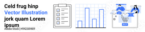 Text elements next to graphics including checklist on clipboard, bar chart, and team managing e-commerce website. Ideal for project management, data analysis, online shopping, team collaboration