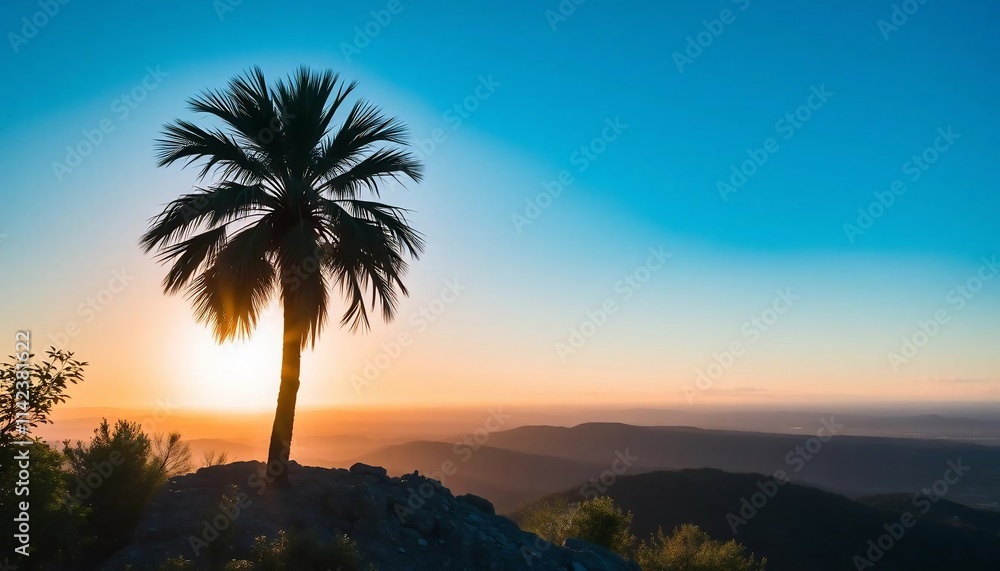 Obraz premium Tropical Sunset Mountain Vista Palm Tree Silhouette Scenic View