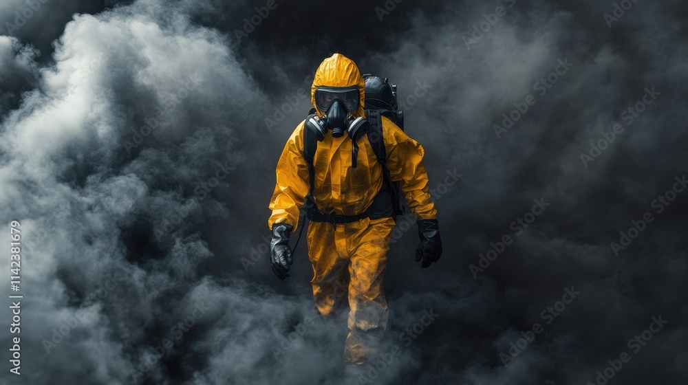 Fototapeta premium Person in Protective Gear Walking Through Dark Smoke Clouds
