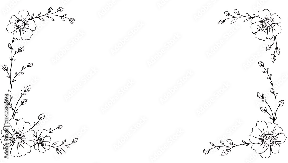 Elegant Floral Frame With Simple Line Art Flowers Elegant Floral Frame With Simple Line Art Flowers