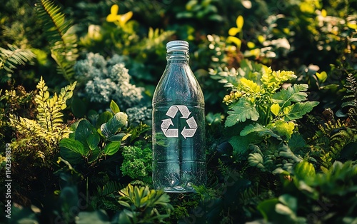 A clear glass bottle with a prominent recycle symbol, surrounded by lush greenery and vibrant plants, promoting ecoconsciousness and sustainability in a clean environment photo