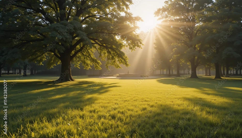 Golden Sunrise in Peaceful Park with Lush Green Grass and Trees Golden Sunrise in Peaceful Park with Lush Green Grass and Trees