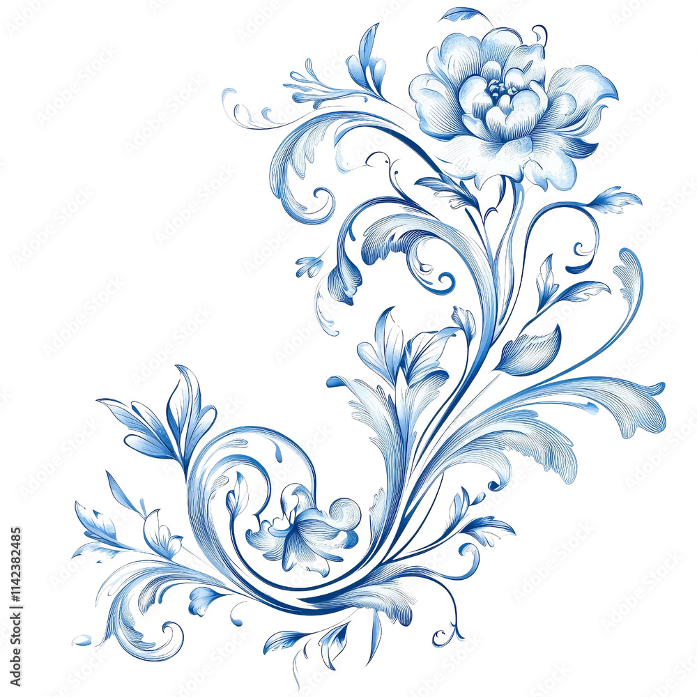 Elegant blue floral design with intricate swirls and petals, showcasing beautiful flower. Perfect for decorative purposes and artistic projects Elegant blue floral design with intricate swirls and petals, showcasing beautiful flower. Perfect for decorative purposes and artistic projects