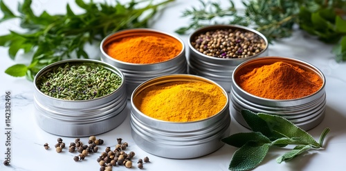 Fototapeta Naklejka Na Ścianę i Meble -  A collection of colorful spices and herbs in metal containers, showcasing culinary ingredients.
