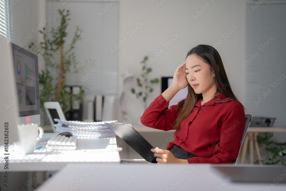 Young office worker feeling tired and suffering from headache after working on computer for too long, sitting at her desk with a worried expression Young office worker feeling tired and suffering from headache after working on computer for too long, sitting at her desk with a worried expression
