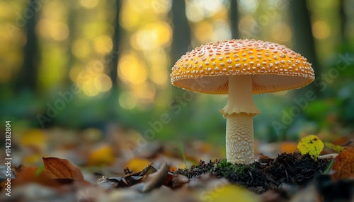 A common bonnet mushroom standing tall on the forest floor, with a soft bokeh background of outoffocus trees and leaves, creating a peaceful, magical atmosphere photo