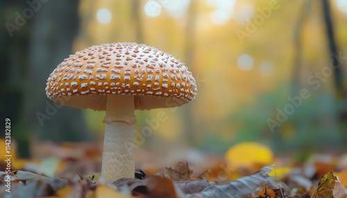 A common bonnet mushroom standing tall on the forest floor, with a soft bokeh background of outoffocus trees and leaves, creating a peaceful, magical atmosphere photo