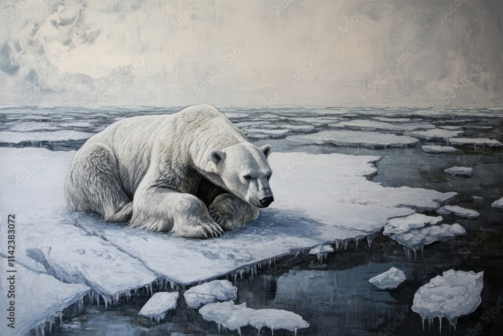 Dying polar bear on a shrinking ice floe, nearby water filled with broken ice chunks, no person, stark realism with cold, muted colors Dying polar bear on a shrinking ice floe, nearby water filled with broken ice chunks, no person, stark realism with cold, muted colors