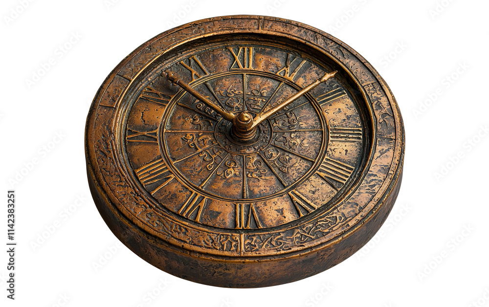 Fototapeta premium Vintage Bronze Clock with Roman Numerals and Detailed Design Isolated on transparent background