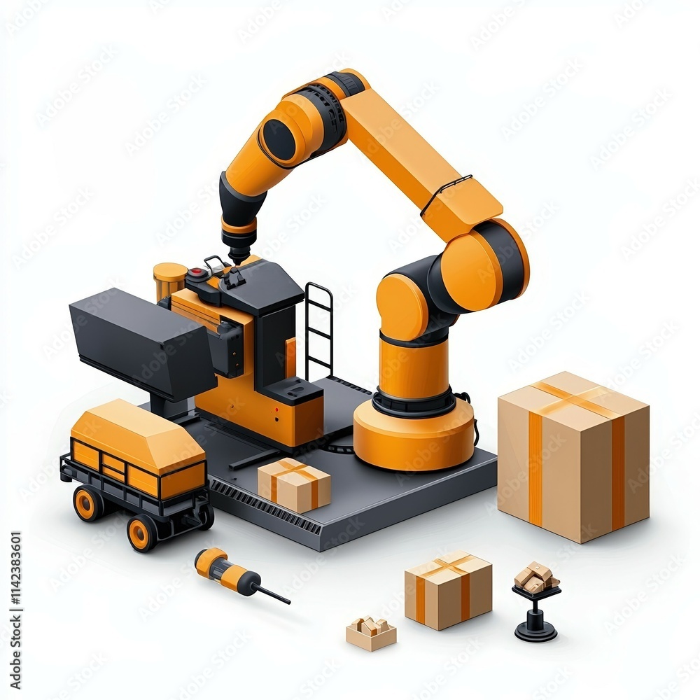 Industrial Robotic Arm Handling Packages in a Modern Automated Warehouse Environment Industrial Robotic Arm Handling Packages in a Modern Automated Warehouse Environment