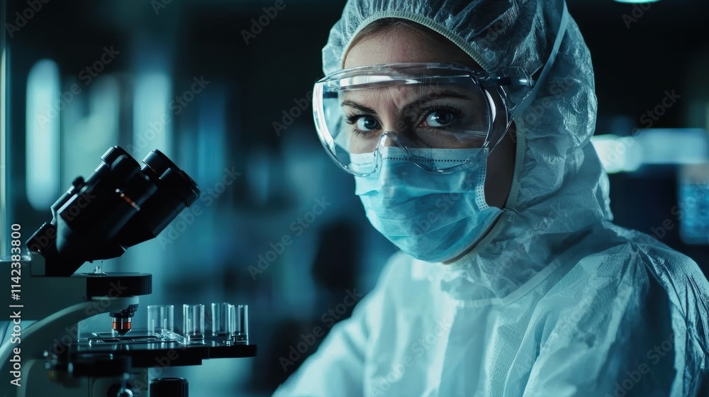 Scientist in Protective Gear Analyzing Samples at Laboratory Desk Scientist in Protective Gear Analyzing Samples at Laboratory Desk