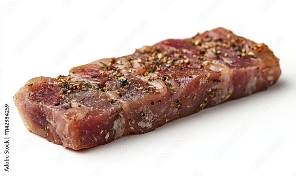 a piece of uncooked seasoned mutton steak, showing all detailed texture, no shadow, plain white background a piece of uncooked seasoned mutton steak, showing all detailed texture, no shadow, plain white background