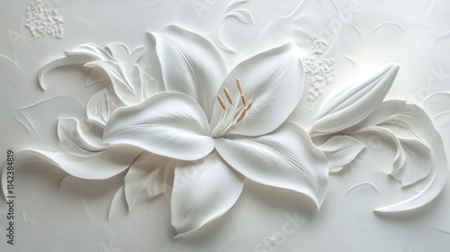 Intricate white lily flower relief sculpture on textured background.