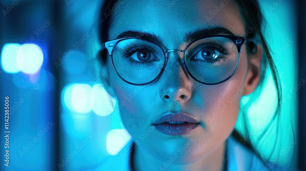 Focused Female Scientist in Glasses with Blue Neon Lighting Focused Female Scientist in Glasses with Blue Neon Lighting