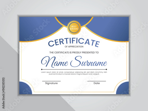 Blue and gold diploma certificate template with badge. Clean certificate layout.